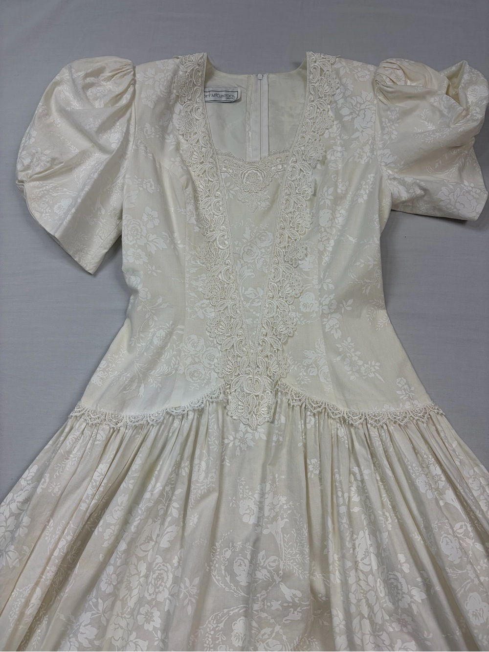 Vintage Scott McClintock Ivory Floral Lace Puff Sleeve Drop Waist Dress S Praire - Picture 13 of 16